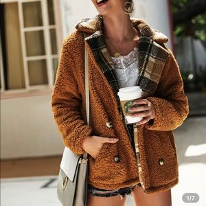 Teddy brown and plaid collar jacket small